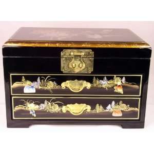  Elegant Oriental Black Lacquered Jewelry Box W. One Drawer 