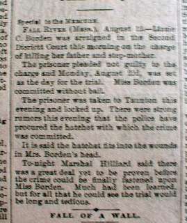 1892 newpapers w LIZZIE BORDEN MURDERS & her ARREST   Fall River 