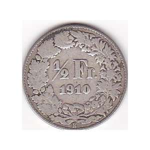  1910 Switzerland 1/2 Franc Coin   Silver Content 83,5% 