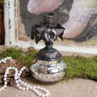 Shabby Cottage Chic Silver Mercury Glass Candlestick  