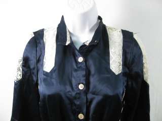 SUNNER Navy Silk Crochet Blouse Shirt Top XS  
