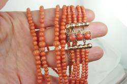 ANTIQUE VICTORIAN 14K GOLD 4 STRAND SALMON CORAL BEAD NECKLACE  
