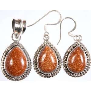  Sunstone Pendant with Matching Earrings Set   Sterling 