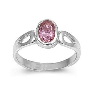 Sterling Silver Baby Ring with Oval Pink Tourmaline CZ Stone   October 