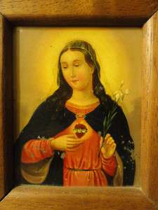 Antique 19th CENT. PAINTING ON METAL SACRED HEART OF MARY  