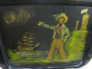   STENCIL PAINTED TOLEWARE TRAY Sailing SHIP Castle MAN Sword 17  