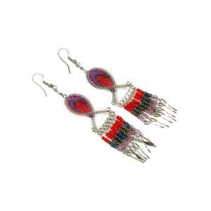 Fire Dawn Spiral Drop Earrings with Bead and Silver Shimmer Dangles