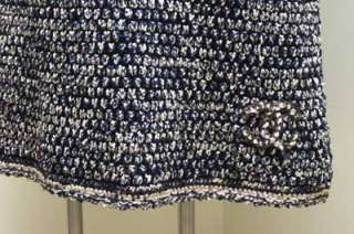 5K Chanel CC Logo 11P Fancy Black Ecru Blue Knit Shift Dress 44 