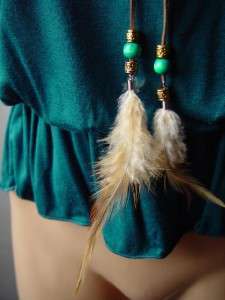 Teal Southwestern 70s Vtg y Bohemian Ruffled Beaded Feather Tie Tube 