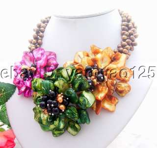 Charming! 3Strds Brown Pearl&Shell Flower Necklace  