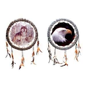  Wolf and Eagle Mandellas with Feathers, Faux Fur Set of 2 