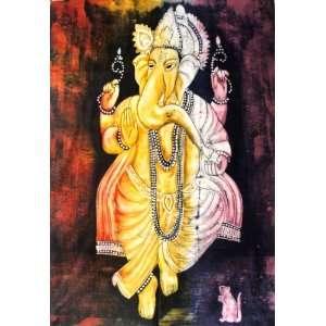  God Ganesh / Dancing Ganesha / Cotton Fabric Tapestry Batik Painting 