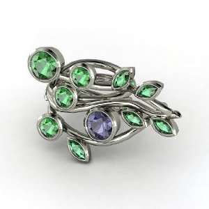   Vine Ring, Round Iolite Sterling Silver Ring with Emerald Jewelry