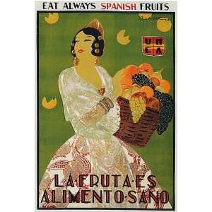  EAT ALWAYS SPANISH FRUITS GIRL BASKET SPAIN VINTAGE POSTER 
