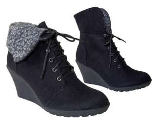 Chic Suede Lace up Fold Over Shearing Detail Wedge Ankle Boots Booties 