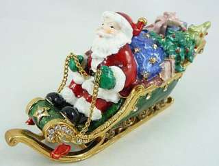 Pewter Swarovski Bejeweled Santa in Sleigh Trinket Box  