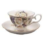 White Rose & Purple Violets Teacup & Saucer, Bone China  
