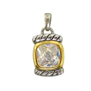  Sterling Silver 925 Two tone Clear CZ Solitaire Pendant 