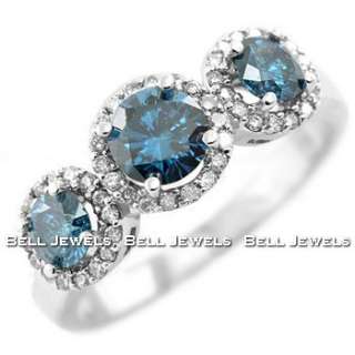 AAA 1.36CT FANCY BLUE DIAMOND THREE 3 STONE ENGAGEMENT RING 14k WHITE 