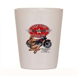 Shot Glass White of Last Stop Full Service Gasoline Motorcycle Girl