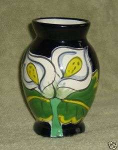 Mexican Art Pottery VASE HP Blue Calla Lily Flowers  