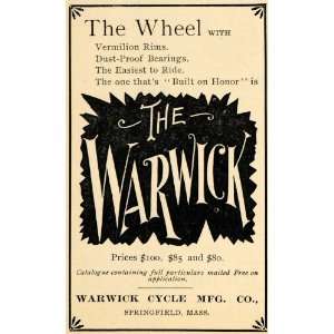 1895 Ad Warwick Cycle Company Bicycle Vermilion Rim   Original Print 