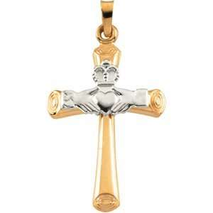  14K Gold Two Tone Hollow Claddagh Cross Pendant Jewelry
