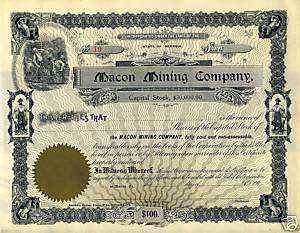 Macon Mining Company Stock Certificate, Macon GA 1900  
