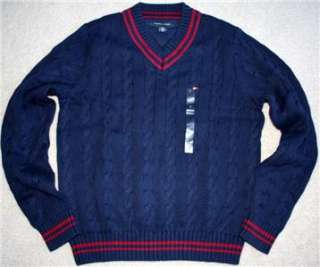 NWT Tommy Hilfiger Mens Cable V Neck Sweater 100% Cotton