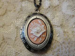   LOCKET pink flower rose VICTORIAN style CAMEO VINTAGE? NECKLACE  