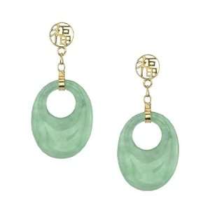  Jade Oval Ring Dangle Earrings with 14K Yellow Gold Asian 