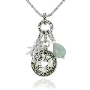    Sterling Silver Marcasite Jadeite Hope Charm Pendant, 18 Jewelry