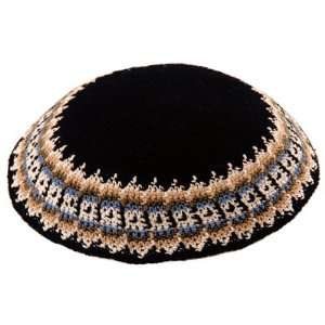 Knitted Kippot Black with Beige, Brown and Blue Contrast Design. Sold 