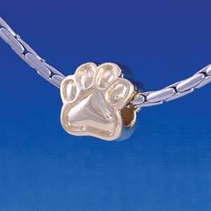 B1138 tlf   Antiqued Gold Paw   2 Sided   Gold Plated Large Hole Bead