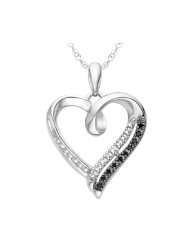 Sterling Silver Black and White Round Diamond Heart Pendant (1/10 cttw 