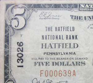 1929 $5 NATIONAL BANK NOTE ★ HATFIELD NTL BANK ★ PA 13026 
