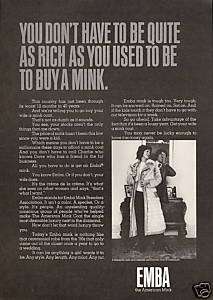 1971 Emba American Mink Quite As Rich Fur Ad  