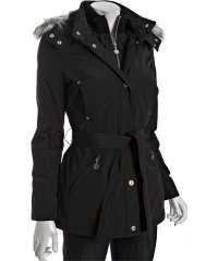  betsey johnson black faux fur trim hooded and belted 