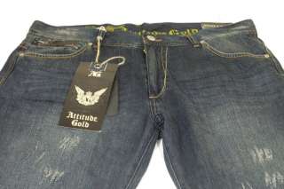 Mens Attitude Gold Brooklyn Fit Jeans Distressed 38x32  