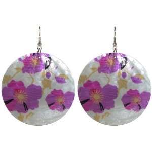  Floral Printed Capiz Shell Earrings In Magenta with Silver 