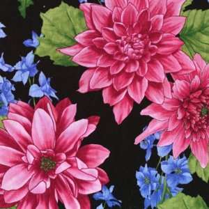  Classics Dahlia quilt fabric pink flowers with leaves against black 