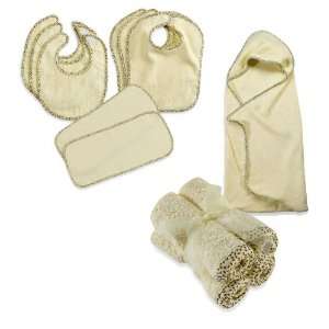   HOODED TOWEL, WASH CLOTH AND BIBS AND BURP CLOTH SET IN YELLOW: Baby