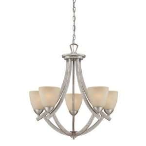   Five Light Chandelier, Moonlight Silver Finish with Tea Stained Glass
