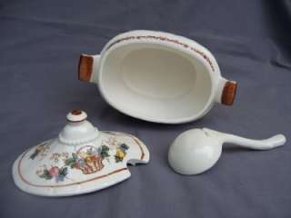 Gravy Boat w/ Lid and Ladle Ceramic *Fruits in basket* Brown White 