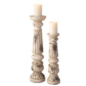  Distressed Cream Finish Fluted Pillar Candle Holders