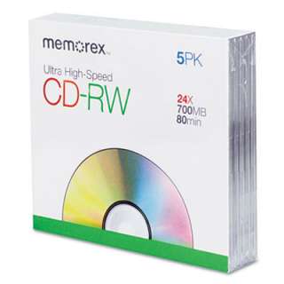 Memorex CD RW Discs, 700MB/80min, 24x, w/Jewel Cases, 5/Pk   MEM03426 