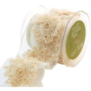  May Arts 2 1/2 Inch Wide Ribbon, Ivory Frayed Flowers 