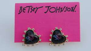 NEW Betsey Johnson black & rhinestones heart earrings  