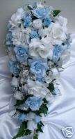 74pc Bridal bouquet wedding flower L.BLUE / SILVER  