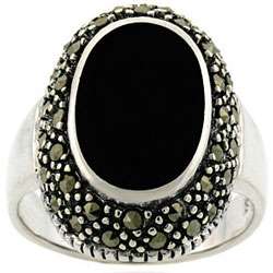 Sterling Silver Oval Marcasite and Onyx Ring  